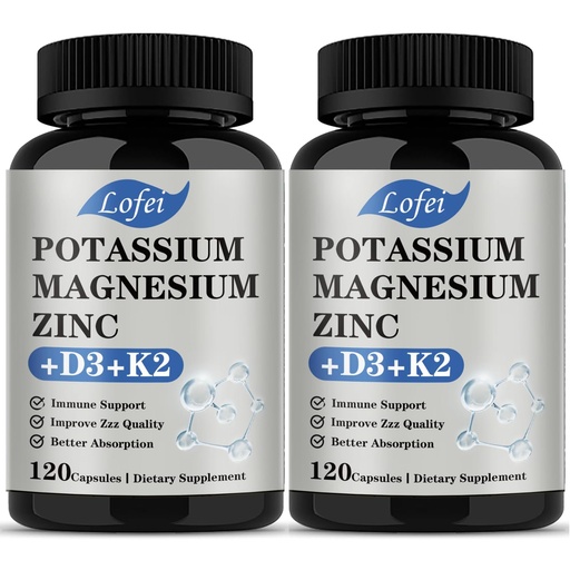 [BRSREHA3CQNGM2Q2] Potassium Magnesium Supplement,Magnesium Potassium Zinc Supplement with Vitamin D3& K2,Support Immune for Women & Men,Enhanced Absorption,Non-GMO,120 Veg Capsules(Pack of 2)