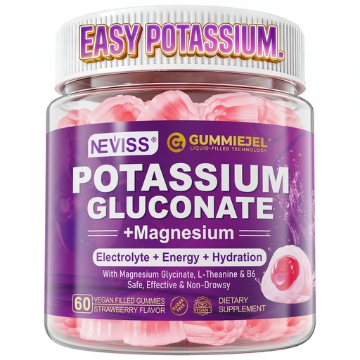 [BRSRGHT4A4NQMD35] Potassium Gluconate 1300mg Gummies for Adults Women & Men, Potassium Supplements w/Magnesium Glycinate, B6 & L-Theanine, Electrolyte Gummies for Hydration, Energy, Muscle&Night Leg Cramp Relief, 60Ct
