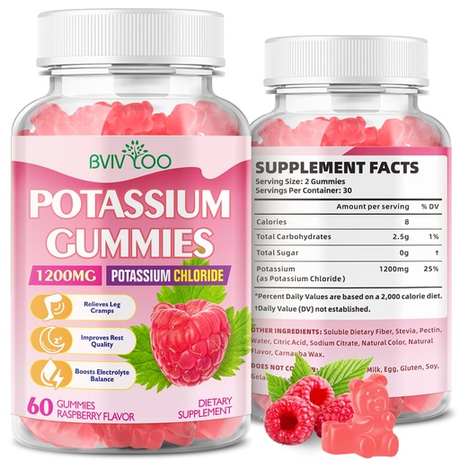 [BRSRE2QYAABAYH3U] Potassium Gummies for Adults with 1200mg Potassium Chloride - Supports Muscle Health & Leg Cramps, Raspberry Flavor, 60 Count