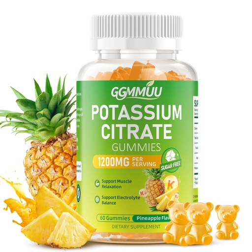 [BRSRGYALOIIR433Z] Potassium Citrate Gummies 1200mg, Chewable Potassium Supplement for Adults & Kids - Supports Muscle Health, Leg Cramps & Electrolyte Balance, Sugar-Free, Vegan, Pineapple Flavor, 60 Count