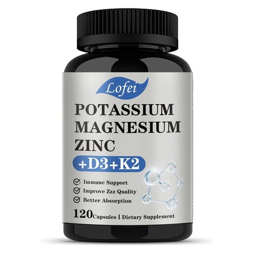 [BRSRE2Q3OYOROE33] Potassium Magnesium Supplement,Magnesium Potassium Zinc Supplement with Vitamin D3& K2,Support Immune for Women & Men,Enhanced Absorption,Non-GMO (120 Veg Capsules)