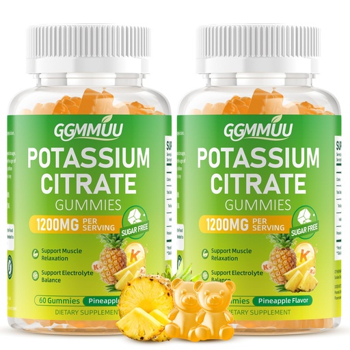 [BRSRGYALBUHWA3TX] 2 Pack Potassium Citrate Gummies 1200mg, Sugar-Free Potassium Supplement for Adults & Kids - Supports Muscle Health, Leg Cramps & Electrolyte Balance, Vegan, Pineapple Flavor, 120 Count