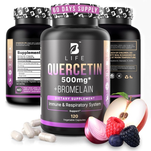 [BRSRGGD7A4MREGTK] B Life Company BLife Quercetin 500mg Capsules with Vitamin C, Zinc & Ginger – Immune & Antioxidant Support Supplement – Quercetin with Bromelain Supplement – 120 Capsules (60 Servings)