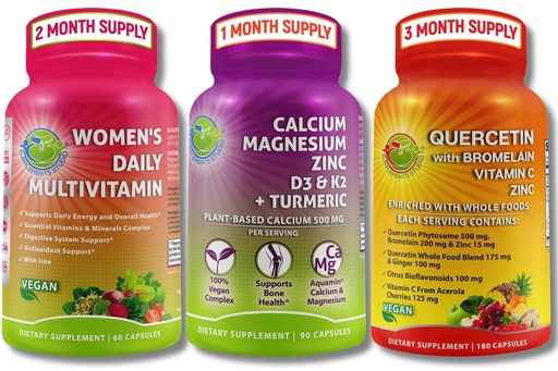 [BRSRAHAYCANRA33A] Vegan Bone, Immune & Whole Body Support Trio – Quercetin with Bromelain, Vitamin C, and Zinc Whole Food Complex + Women’s Multivitamin with Iron + Plant-Based Calcium with Magnesium, D3, K2 + Turmeric