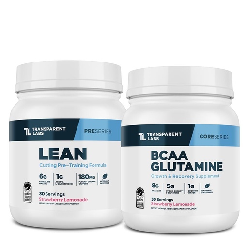 [BRSRE2YZCR6GY2DL] Transparent Labs Lean Pre-Workout Powder (30 Servings, Strawberry Lemonade) & BCAA Glutamine (30 Servings, Strawberry Lemonade)