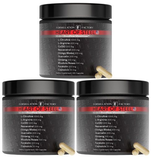 [BRSRABQTOAHWE3TL] Formulation Factory Heart of Steel Nitric Oxide Supplement - L Citrulline & L Arginine Blood Pressure Supplements - Natural Pre-Workout: Energy Management - 360 Capsules, 3 Month Supply