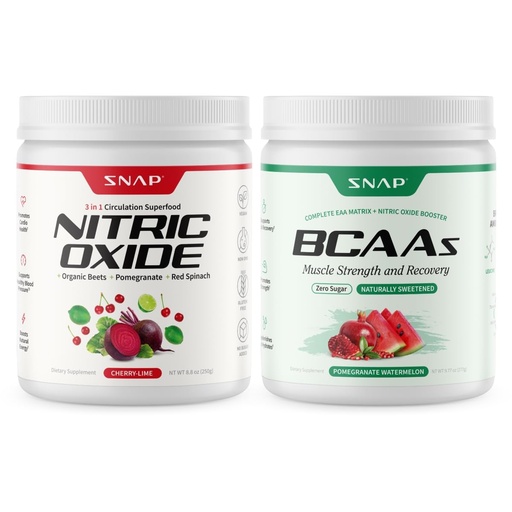 [BRSRGYDYAQAWGDLH] Snap Supplements Nitric Oxide Beet Root Cherry Lime Powder + BCAA Pomegranate Watermelon Powder Bundle, 30 Servings Each