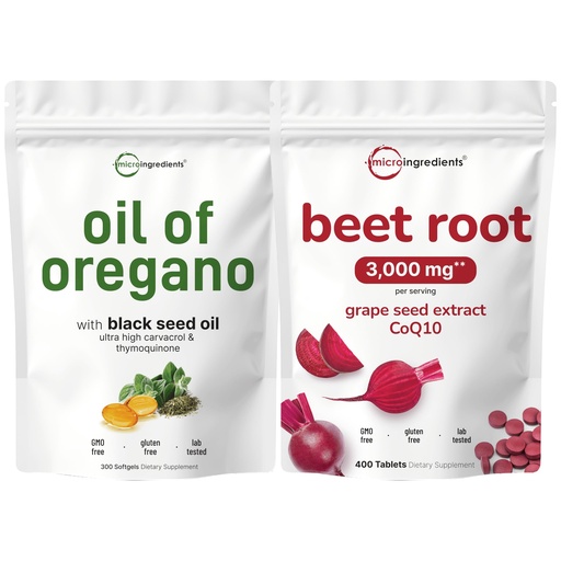 [BRSREYICCIBWODLO] Micro Ingredients Oil of Oregano Softgels & Beet Root 3,000mg Tablets with Grape Seed + CoQ10 Bundle Pack | 4X Strength Thymoquinone with Black Seed | Natural Nitric Oxide Support