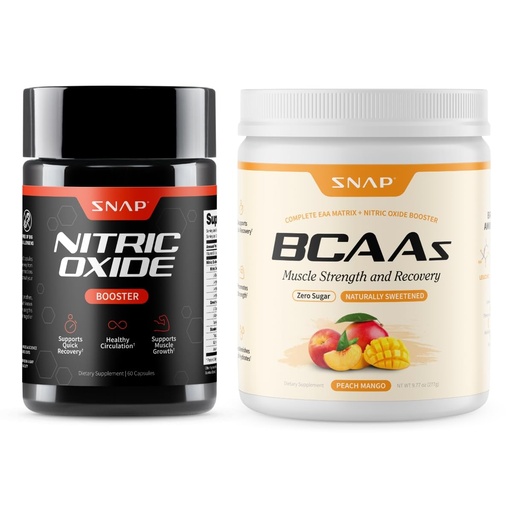 [BRSWYAD6CUBQKHQ3] Snap Supplements Nitric Oxide Booster + BCAA Complete EAA Matrix Powder Bundle, 60 Vegetarian Capsules + 30 Servings Peach Mango