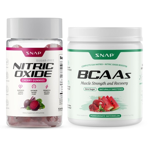 [BRSRAGANCMIGAHTH] Snap Supplements Nitric Oxide Beet Root Gummies + BCAA Powder Bundle, 60 Cherry Gummies + 30 Servings Pomegranate Watermelon