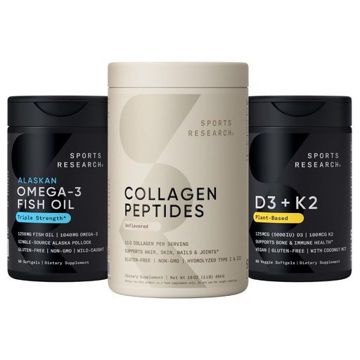[BRSRAZYZOICBQ3QZ] Sports Research® Multivitamins Pack - Hydrolyzed Type 1 & 3 Collagen Powder Protein, Wild Alaskan Pollock Omega-3 Fish Oil 1250mg & 5000 IU Vitamin D + 100mcg Mk7 Vitamin K