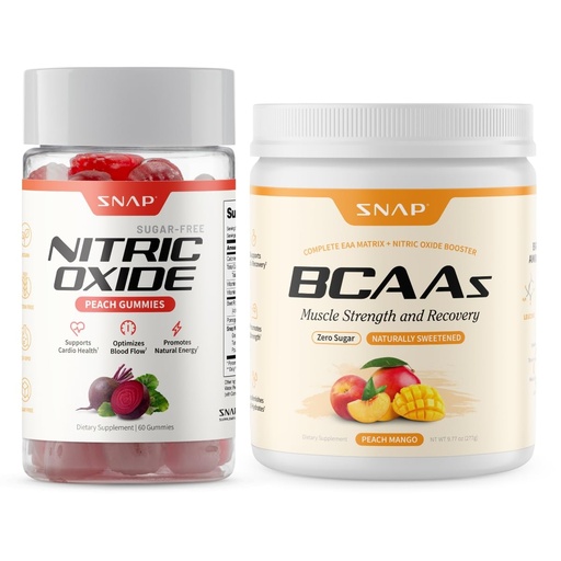 [BRSRGYY7OUHW2HTV] Snap Supplements Nitric Oxide Beet Root Gummies + BCAA Powder Bundle, 60 Sugar-Free Peach Gummies + 30 Servings Peach Mango