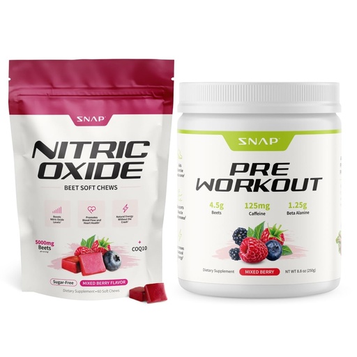 [BRSRGYD6BAAREEYV] Snap Supplements Nitric Oxide Beet Root Soft Chews + Nitric Oxide Pre Workout Powder Bundle, 60 Sugar-Free Soft Chews + 30 Servings Mixed Berry Powder