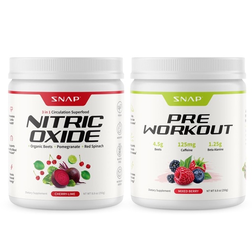 [BRSRGYY6PIMQK2Y6] Snap Supplements Organic Beet Root Nitric Oxide Cherry Lime Powder + Pre Workout Beet Root Mixed Berry Powder Bundle, 30 Servings Each