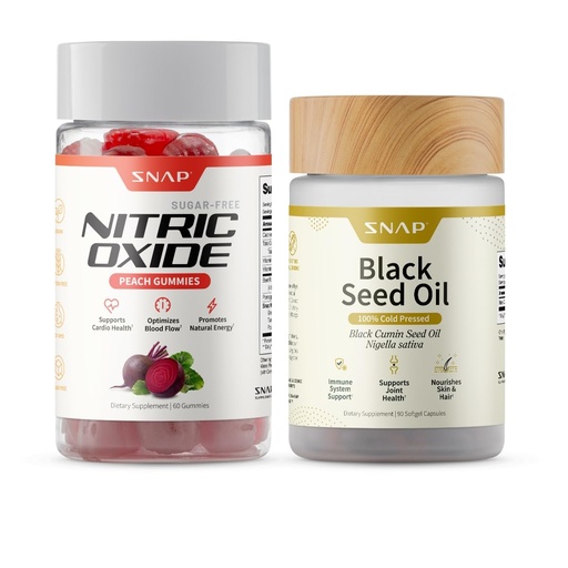 [BRSRGYY7BECQAF3B] Snap Supplements Nitric Oxide Beet Root Gummies + Black Seed Oil Bundle, 60 Peach Gummies + 90 Softgels