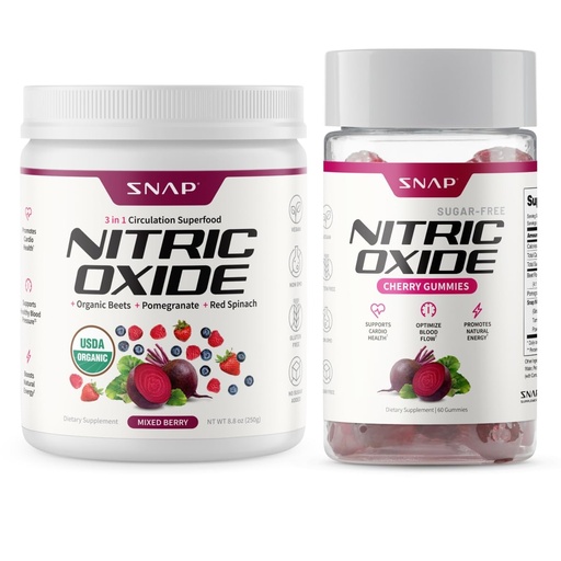 [BRSROEAFAUAWMYL4] Snap Supplements Organic Beet Root Nitric Oxide Powder + Nitric Oxide Beet Root Gummies Bundle, 30 Servings Mixed Berry Powder + 60 Cherry Gummies