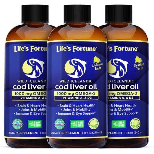 [BRSREHYCBUAQ2ETF] Life's Fortune Cod Liver Oil Liquid Lemon Flavor Organic Supplement with DHA, EPA 1000 mg High Potency Omega-3s + Vitamin A, E & D3 - Supports Immune, Joints, Eyes, 8 Fl Oz (Pack of 3)