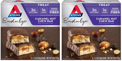 [BRSRAY35CQPA4DQ7] Atkins Endulge Caramel Nut Chew Bar, Dessert Favorite, 1g Sugar, Good Source of Fiber, 5 Count (Pack of 2)