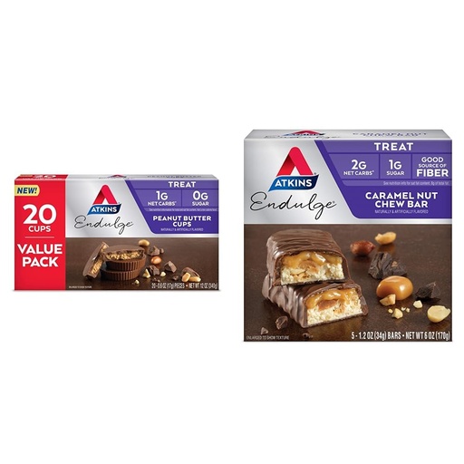 [BRSROAIKCEIGM3Q2] Atkins Endulge Peanut Butter Cups, Dessert Favorite, Low Carb, 0g Sugar, 20 Count & Endulge Caramel Nut Chew Bar, Dessert Favorite, 1g Sugar, Good Source of Fiber, 5 Count