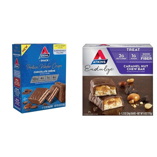 [BRSRAY33PMNRS3D5] Atkins Chocolate Crème Protein Wafer Crisps with Caramel Nut Chew Bars, 10g Protein, 4g Net Carb, 1g Sugar, High Fiber, Keto Friendly, 5 Count