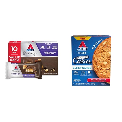 [BRSROBL3DJYRG2AV] Atkins Endulge Caramel Nut Chew Bar, Dessert Favorite, 1g Sugar, Good Source & Peanut Butter Protein Cookie, Protein Dessert, Rich in Fiber, 3g Net Carb, 1g Sugar