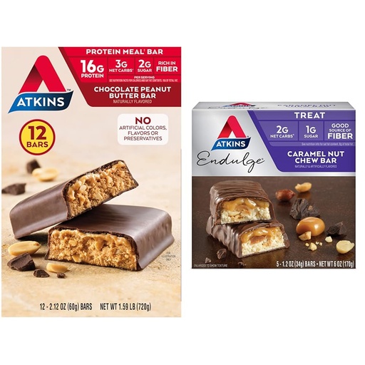 [BRSRAYYYB57QGCAU] Atkins Chocolate Peanut Butter Protein Meal Bar 16g Protein 12 Count and Caramel Nut Chew Bar 1g Sugar 5 Count