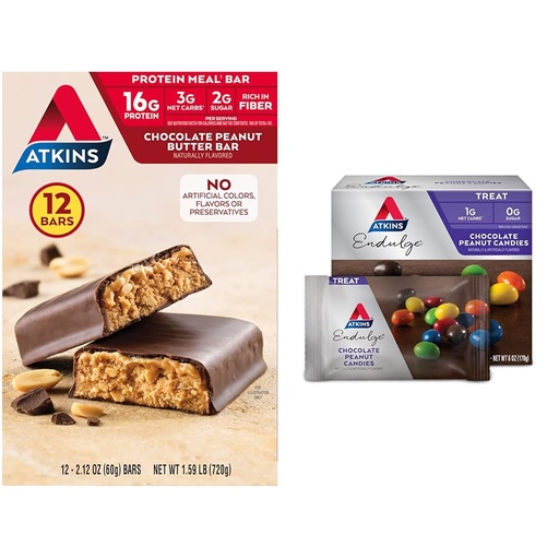 [BRSROBQEBMBBOHY7] Atkins Chocolate Peanut Butter Protein Meal Bar, High Fiber, 16g Protein, 2g Sugar, 3g Net Carb & Endulge Chocolate Peanut Candies, Dessert Favorite, 0g Sugar, 20 Counts