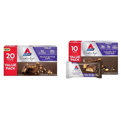 [BRSROAINOVYWMHTJ] Atkins Endulge Peanut Butter Cups, Dessert Favorite, Low Carb, 0g Sugar, 20 Count & Endulge Caramel Nut Chew Bar, Dessert Favorite, 1g Sugar, Good Source of Fiber, Low Sugar, 10 Count