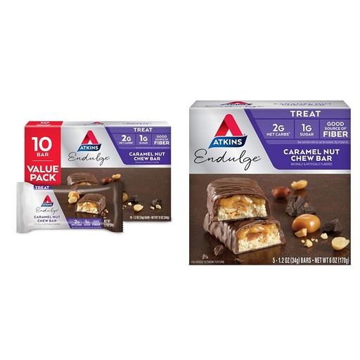 [BRSRAY33CICRSADV] Atkins Endulge Caramel Nut Chew Bar, 10 Count and 5 Count Bundles, 1g Sugar, Good Source of Fiber