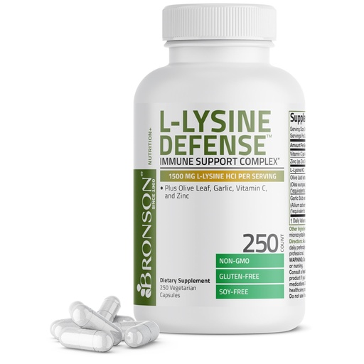 [BRSWYGQLPN5GOETB] Bronson L-Lysine Defense Immune Support Complex 1500 MG L-Lysine Plus Olive Leaf, Garlic, Vitamin C and Zinc - Non-GMO, 250 Vegetarian Capsules