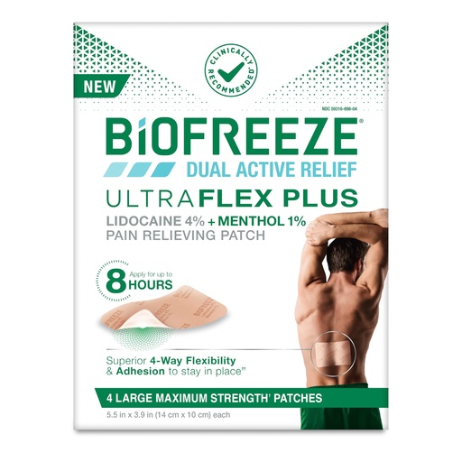 [BRSRGGILAEHAG3TH] Biofreeze Ultraflex Plus Maximum Strength 4% Lidocaine Patches with Menthol, Flexible Pain Relief Patch for Lower Back, Lidocaine Patch for Neck, Knee, Shoulder, 4 Large Pain Patches