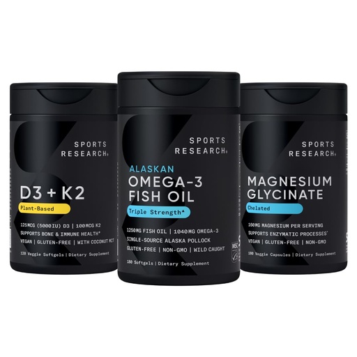 [BRSRGBIEDEORGDI6] Sports Research® Multivitamin Pack - Alaskan Omega-3 Fish Oil 1250mg, Vitamin D3 5000iu + K2 100mcg, and Chelated Magnesium Glycinate 160mg - Vegan Certified · Non-GMO · Gluten & Soy Free