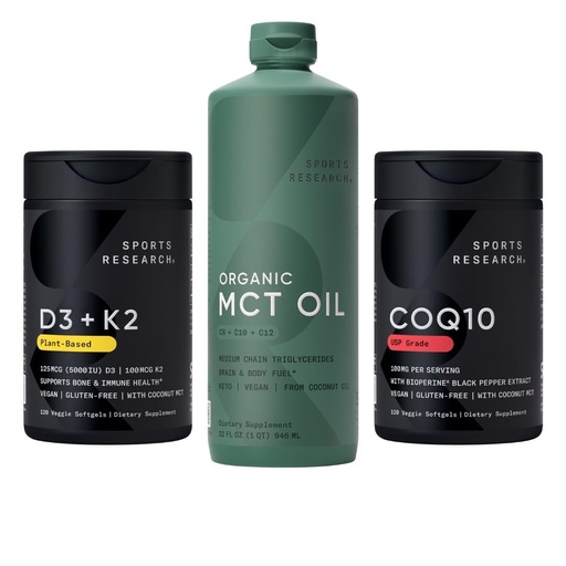 [BRSRGZYLOUNBQADP] Sports Research® Vegan Supplements Pack - Vegan D3 + K2 + Organic MCT Oil + CoQ10