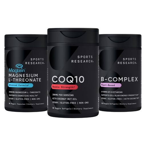[BRSREFIYAB5WC3I3] Sports Research® Energy Supplement Pack - CoQ10 Coenzyme Q10 Supplement, Magtein Magnesium L-Threonate and Vitamin B-Complex - Helps Increase Daily Energy Levels