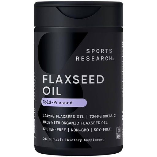 [BRSRAZQDOYCAO2T4] Sports Research Organic Flaxseed Oil Softgels 1242mg - Plant Based Omega 3 Supplement with 720mg ALA for Women & Men - Non-GMO, Soy & Gluten Free (200 Count)