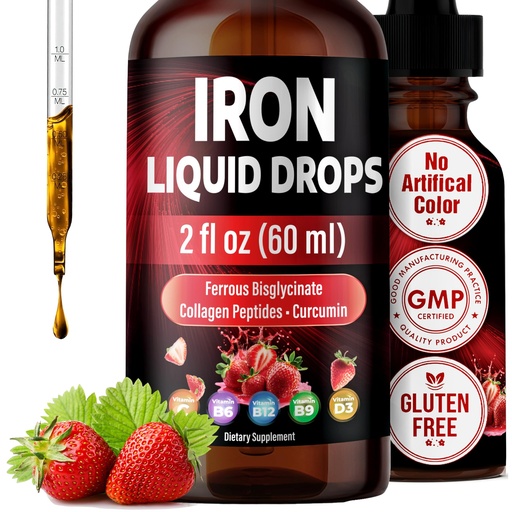 [BRSRGFTYOUMBY3TK] Liquid Iron Drops – Liquid Iron Supplement with Vitamin C, B6, B12, Folic Acid, & Collagen – Natural Strawberry Flavor – 2 fl oz