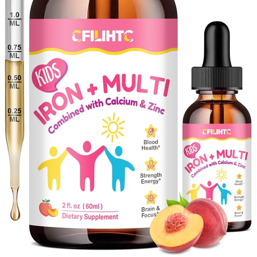 [BRSREAD5CF4GCFDP] Liquid Iron Supplement for Kids, Women & Men - with Calcium, Zinc, Kids Multivitamin with Iron Drops - Blood Builder & Energy Support for Iron Deficiency, Anemia, Peach Flavor 2 Fl Oz