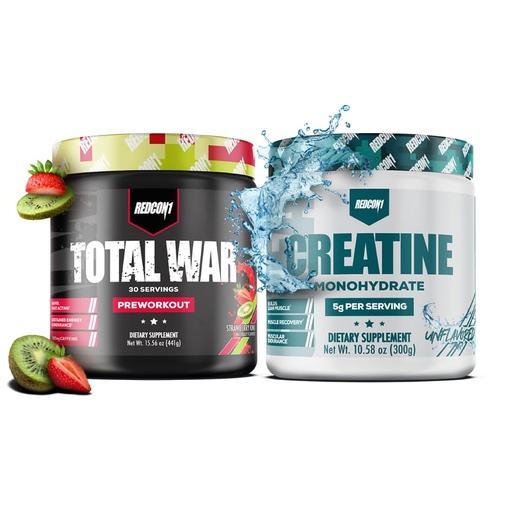 [BRSRGCQROYJQEEY3] REDCON1 Total War Pre Workout, Strawberry Kiwi 30 Servings + Creatine Monohydrate 60 Servings Bundle