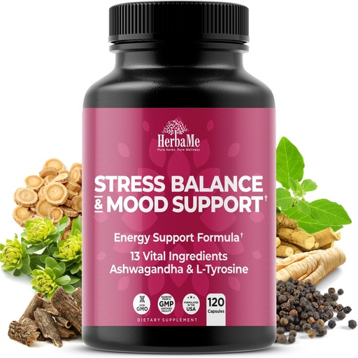 [BRSRMY34CMAWAHQ7] HerbaMe Stress & Mood Support Supplement with Ashwagandha & L-Tyrosine, Energy & Focus Formula, Helps Maintain Balanced Stress Response, 120 Capsules