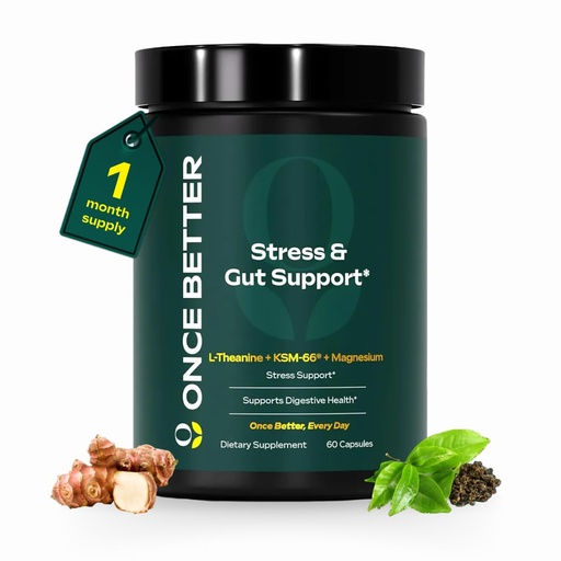 [BRSRAHY5BEMBOH3F] Once Better™️ Stress & Gut Support Supplement – Ashwagandha KSM-66®, L-Theanine, Magnesium Glycinate, Probiotics & Inulin for Digestive Health & Stress Relief – 60 Capsules - Men & Women