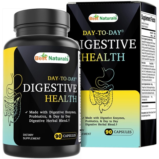 [BRSRACQRBAPWGFLD] Best Naturals Day-to-Day Digestive Support 90 Veg Capsules - Made with Digestive Enzymes, Probiotics, & Herbal Blend - Made in the USA