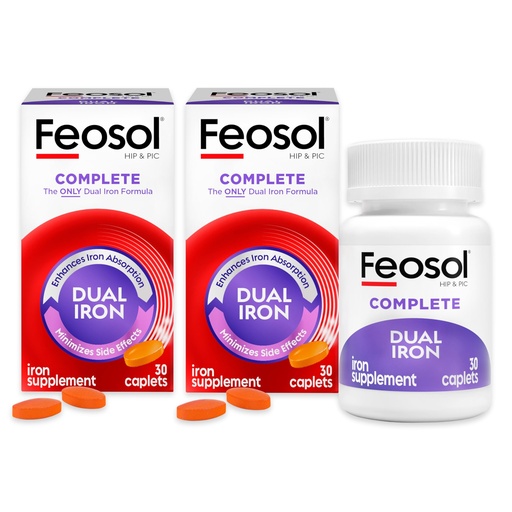 [BRSWGCYNOEIRADYU] Feosol Complete Iron Supplement Caplets, Bifera Iron for High Absorption, Heme and Non-Heme Dual Action Minimizes Side Effects, 1 Per Day, Energy and Immune System Support, Pack of 2, Total 60 Count