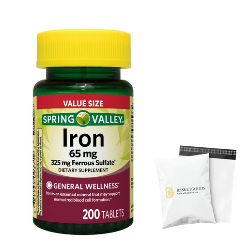 [BRSREFQBBV4BO3A3] Spring Valley Iron Supplement 65mg, 325mg Ferrous Sulfate, Non-Constipating Iron Tablets for Women & Men, Good Energy & Red Blood Cell Formation, Value Size (200 Count) - Set by Basket Goods