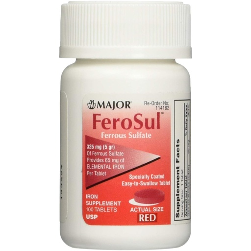 [BRSWKEYMOYJREETY] Ferrous Sulfate FC 325mg (5GR) Generic for Feosol Red Tablets 100 Tablets per Bottle 4 Pack Total 400 Tablets by Major Pharmaceuticals