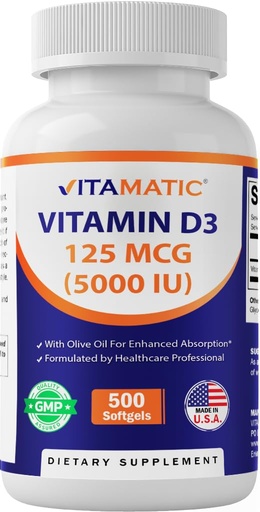 [BRSRMAI7DEIQAHTH] Vitamatic Vitamin D3 5000 IU (125 mcg) – 500 Mini Softgels Olive Oil-Based Formula – Cold-Pressed – 500-Day Supply – Supports Bone, Muscle & Immune Health – Non-GMO & Gluten-Free