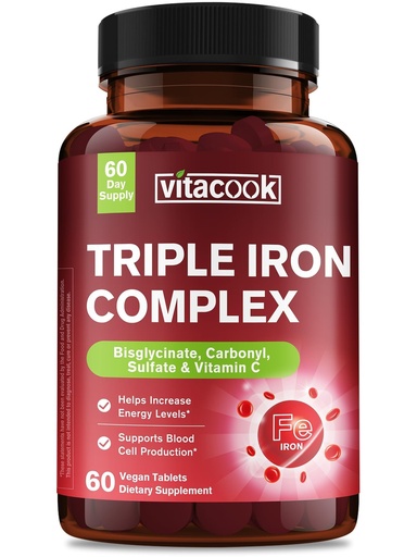 [BRSREYABO55ROE3L] Iron Supplement for Women & Men, 3-in-1 65mg Iron Pills, Bisglycinate, Sulfate, Carbonyl Iron with Vitamin C, Enhanced Absorption, Energy, Red Blood Cell Support, Gentle, 60 Tablets