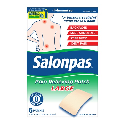 [BRSWKGY5CQAQA3TO] Salonpas Pain Relieving Patch, Large, 6 Count, for Back, Neck, Shoulder, Knee Pain and Muscle Soreness, 8 Hour Pain Relief