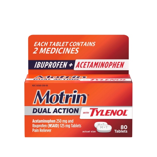 [BRSRMBICCF5AO3Y3] Motrin Dual Action with Tylenol, Fast-Acting Pain Reliever with 125 mg Ibuprofen (NSAID) & 250 mg Acetaminophen for up to 8 Hours Pain Relief of Minor Aches & Pains, 80 Count