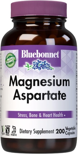 [BRSWIYQLAAIAMC3I] Bluebonnet Nutrition Magnesium 400 mg chelated Magnesium aspartaat Daily Mineral, Heart & Bone Support* Supplement for Men & Women Vegan, Non-GMO - 200 plantaardige capsules
