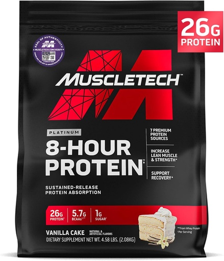 [BRSWIEAMBQAREDT2] MuscleTech Platinum 8-Hour Protein Powder - 7 fontes de proteínas Premium con Whey & Casein proteína para o aumento do músculo Lean, forza e recuperación mellorada - Torta de vainilla, 50 servizos